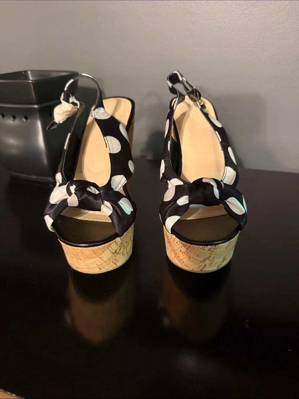 Wild Diva Black and White Polka Dot Cork Wedge Sandals